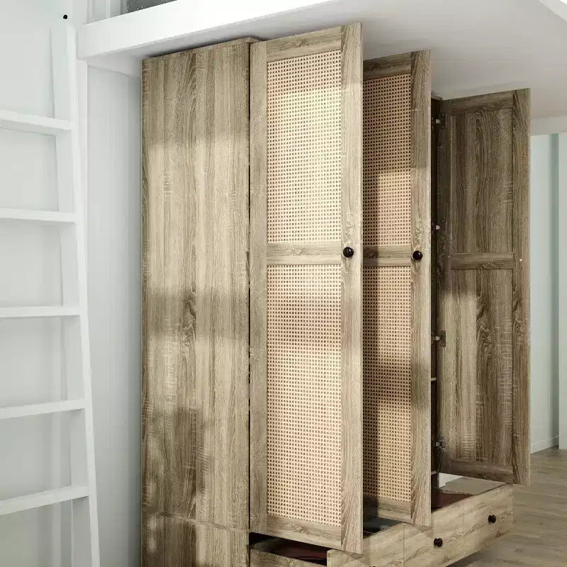 Armadio in rattan Famapy con 3 cassetti, guardaroba con 3 ante in rattan traspirante, armadio alto in stile rustico per camera da letto