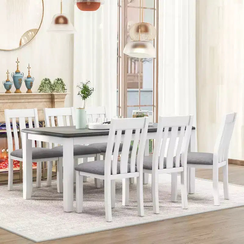 Ensemble de table à manger extensible de style champêtre pour 6 personnes, table rectangulaire et 6 chaises rembourrées