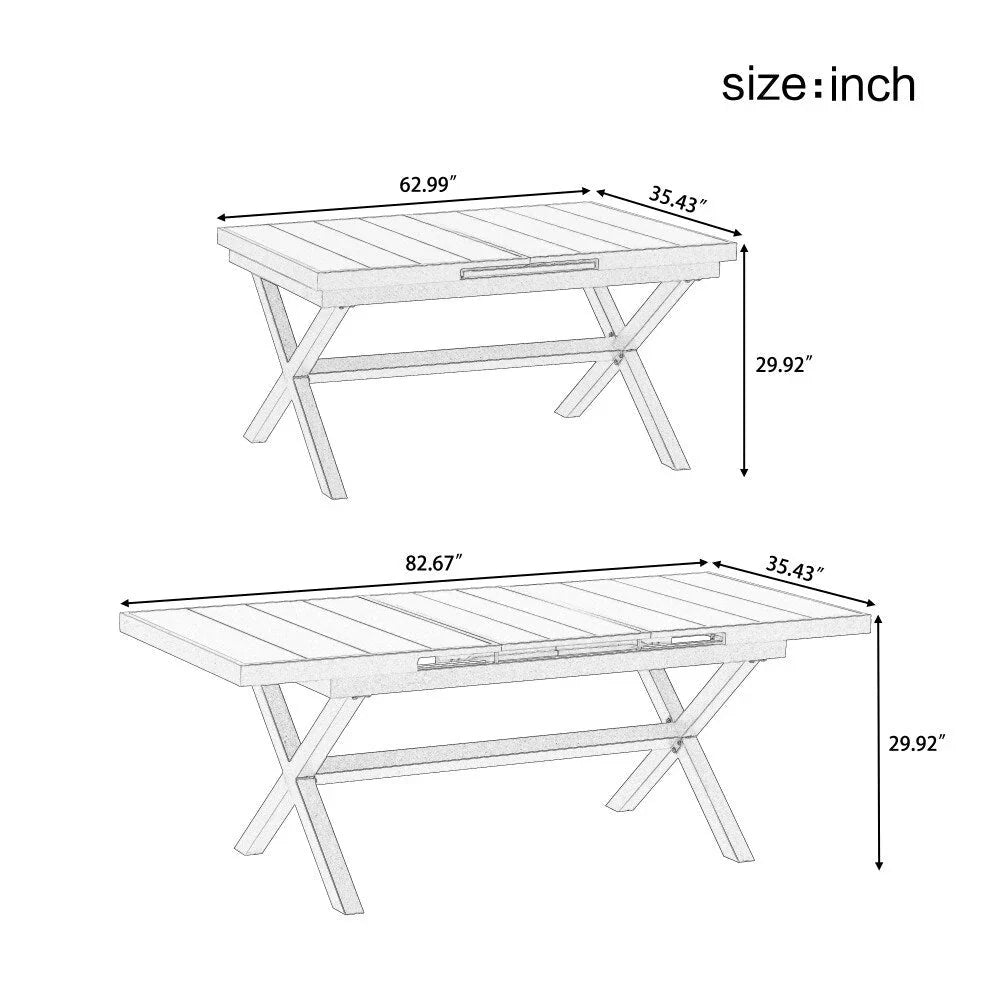 Set da pranzo moderno da esterno da 7 pezzi con sei sedie e un tavolo allungabile per il patio