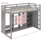 Kids Loft Bed with Wardrobe and Shelves, Wooden Loft Bed Frame with Storage Cabinet for Kids Teens