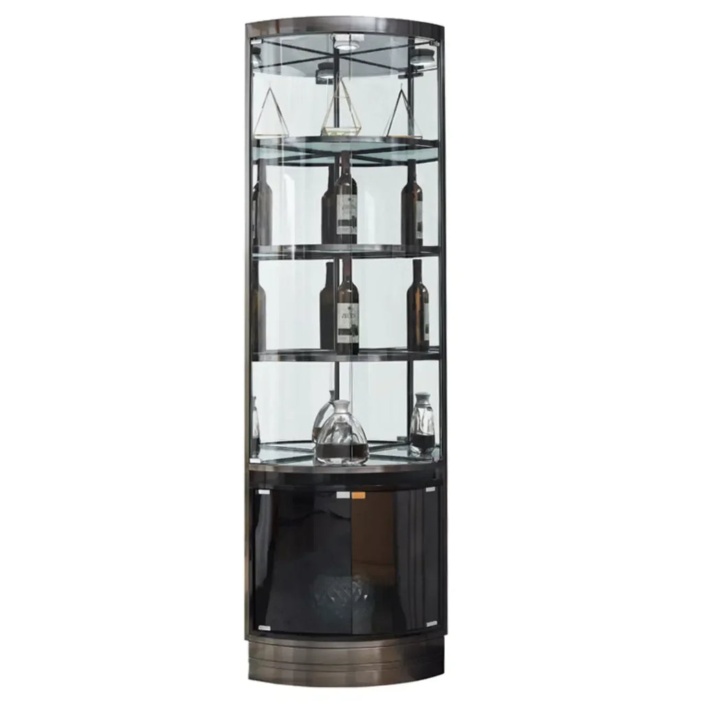 Meuble d’angle de rangement et d’exposition avec plusieurs niveaux, en verre et métal, pour bouteilles de vin