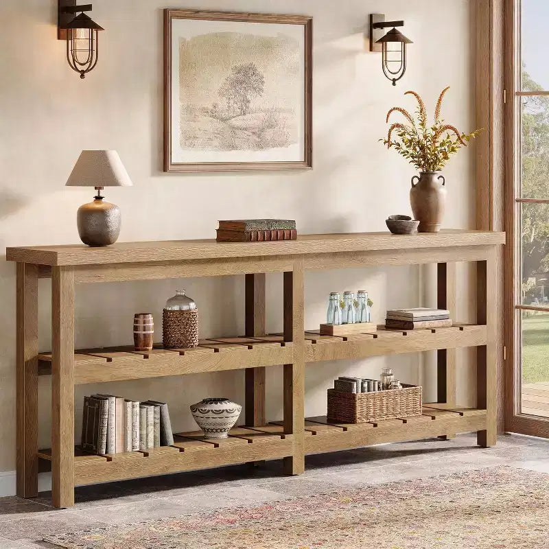 Table console extra longue Tribesigns de 180 cm, table d’entrée de style campagne à 3 niveaux, table en bois derrière le canapé pour salon, couloir et vestibule