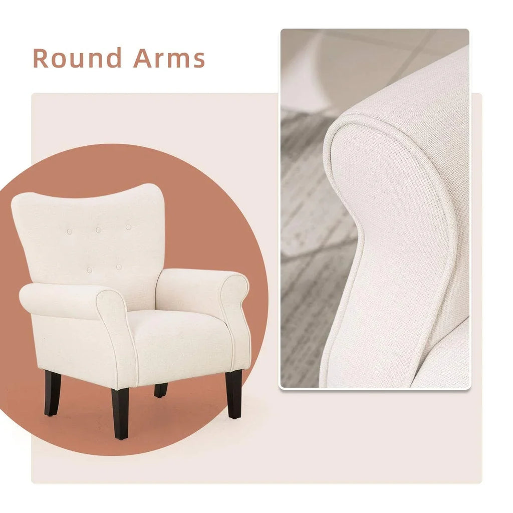 Fauteuil d’appoint moderne Erommy, fauteuil à dossier haut, canapé une place en tissu rembourré avec boutons et pieds en bois pour le salon