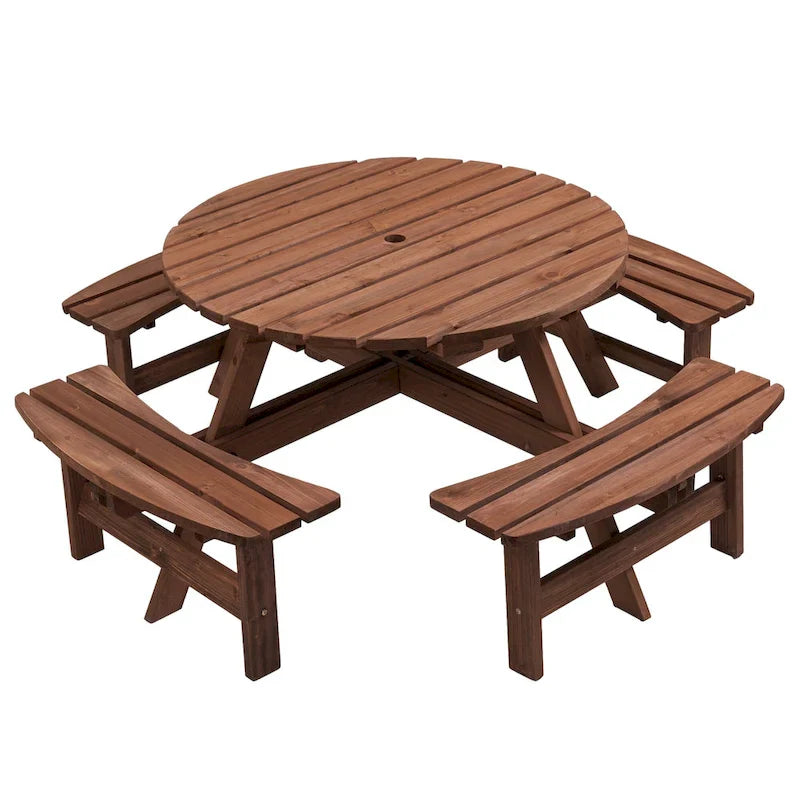 Ensemble de pique-nique et repas rond pour terrasse extérieure en bois de sapin, 8 personnes, avec 4 bancs intégrés et trou pour parasol