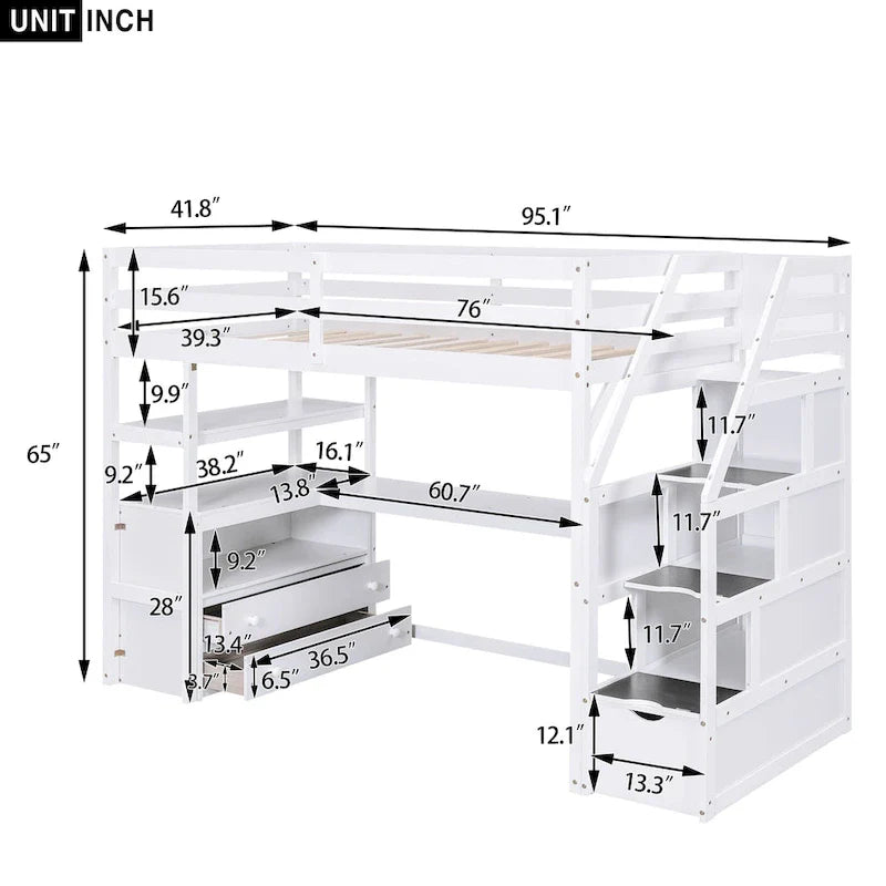 Lit mezzanine une place avec bureau et étagères, deux tiroirs intégrés et escalier de rangement