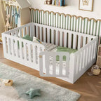 Lit au sol Montessori blanc 1 place avec barrières et porte - Bois massif, 1 enfant