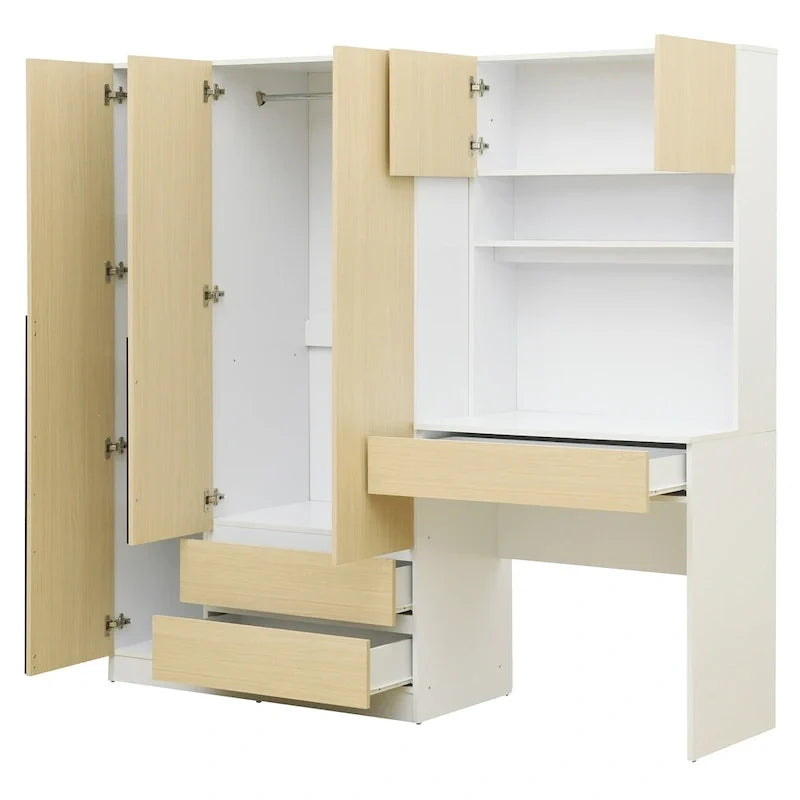 Armoire 3-en-1 avec coiffeuse, ensemble bureau, armoire de chambre avec 2 tiroirs, 3 portes et espace de rangement