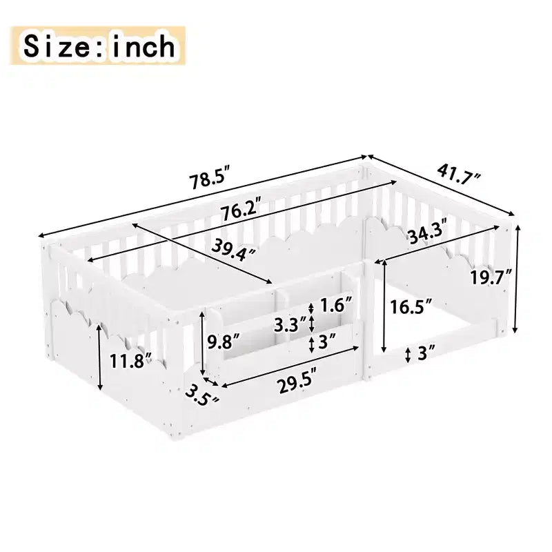 Lit cabane Montessori simple en bois Bellemave pour enfants, avec barrière surélevée et bibliothèque, pour filles et garçons