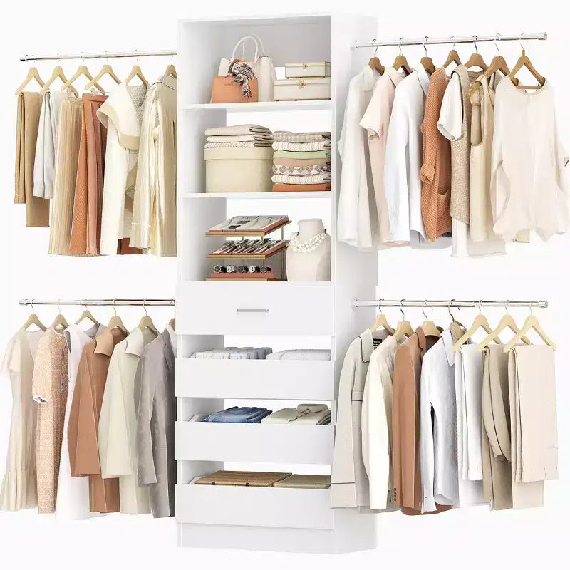 Système d’organisation de dressing en bois Besiost de 4 à 9 pieds avec 4 tiroirs, 4 tringles et des colonnes d’étagères