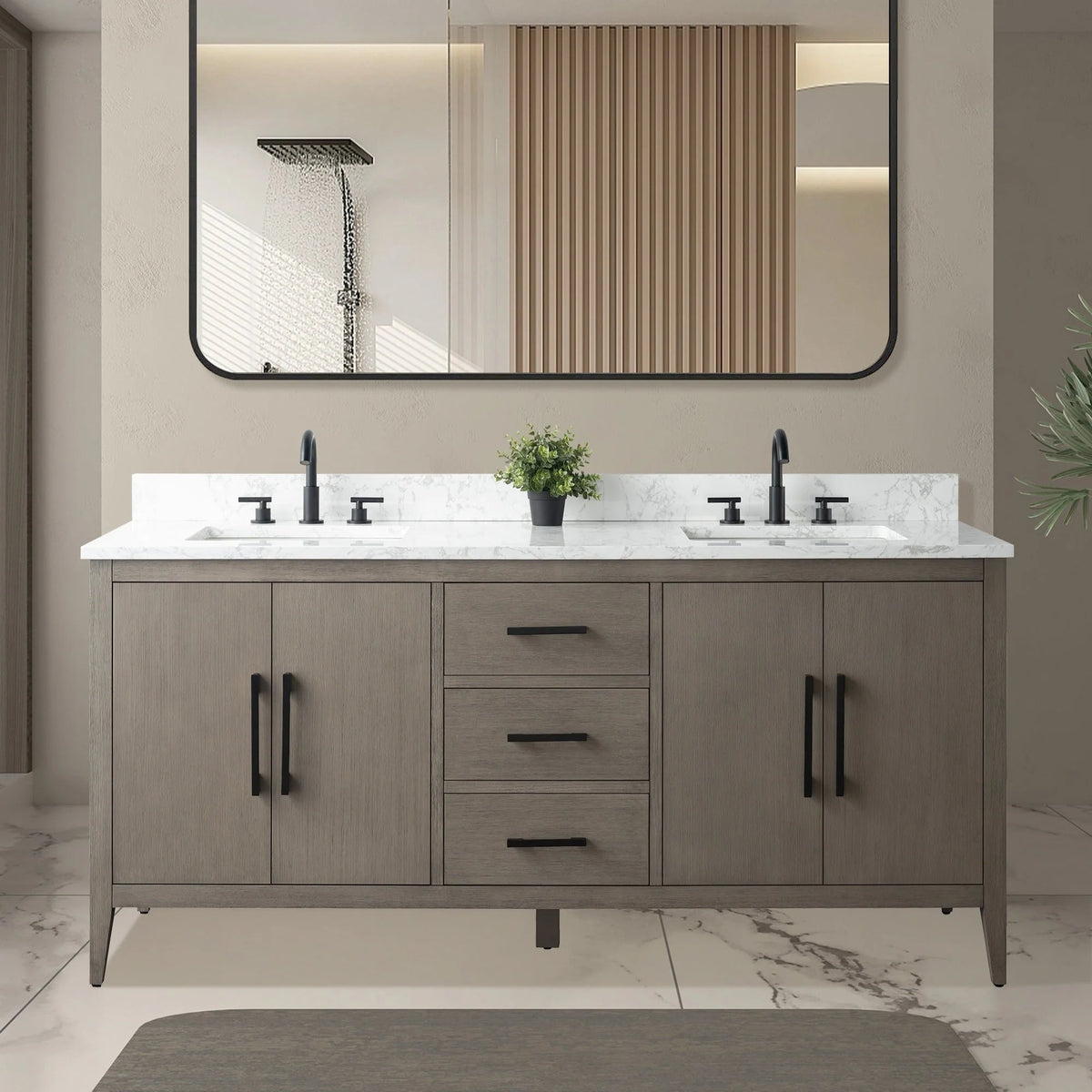 Meuble-lavabo Vanity Art 72 à double vasque avec plateau en marbre reconstitué