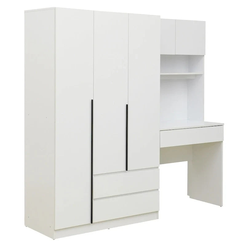 Armoire 3-en-1 avec coiffeuse, ensemble bureau, armoire de chambre avec 2 tiroirs, 3 portes et espace de rangement