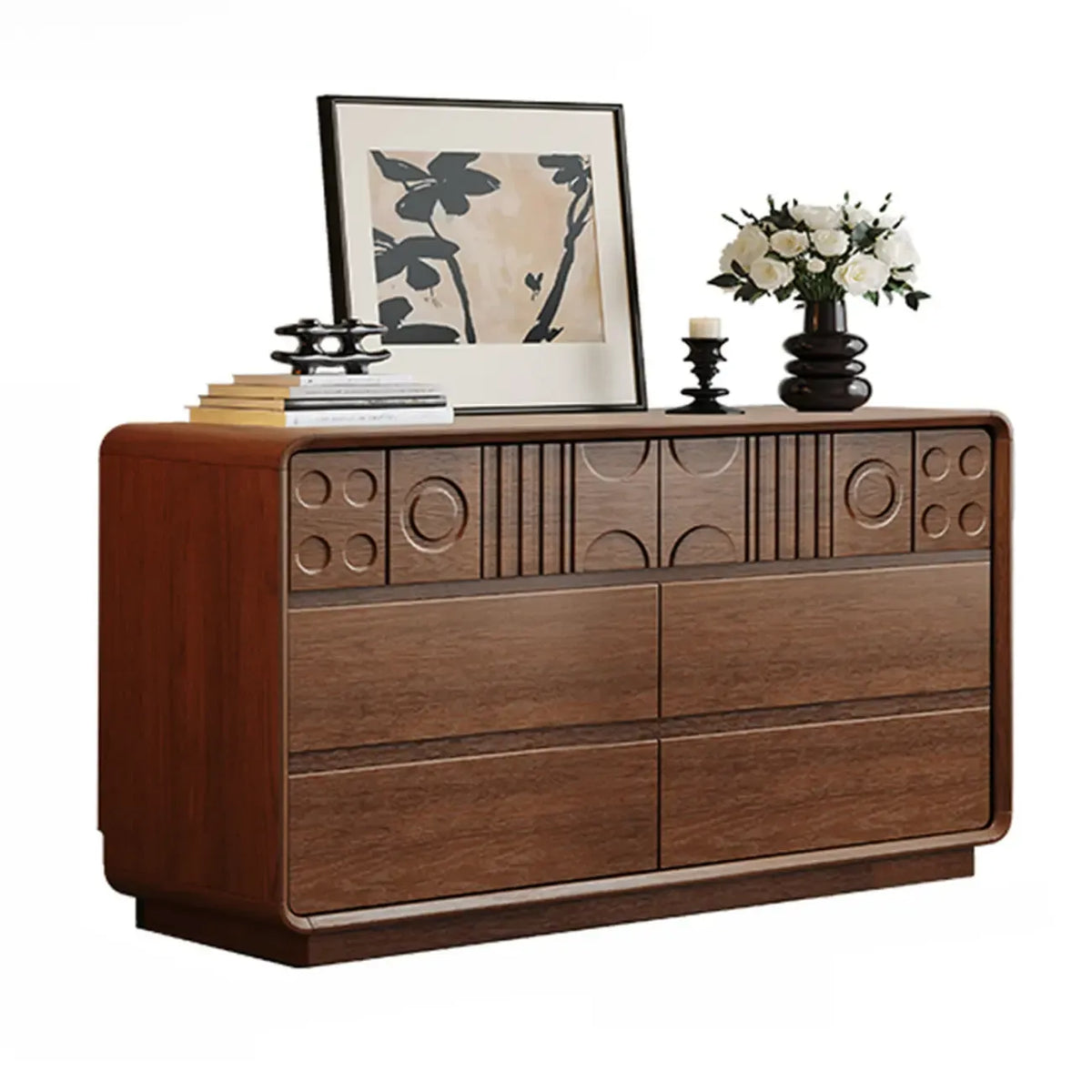Commode en bois inspirée de l’Art déco avec motifs géométriques sculptés