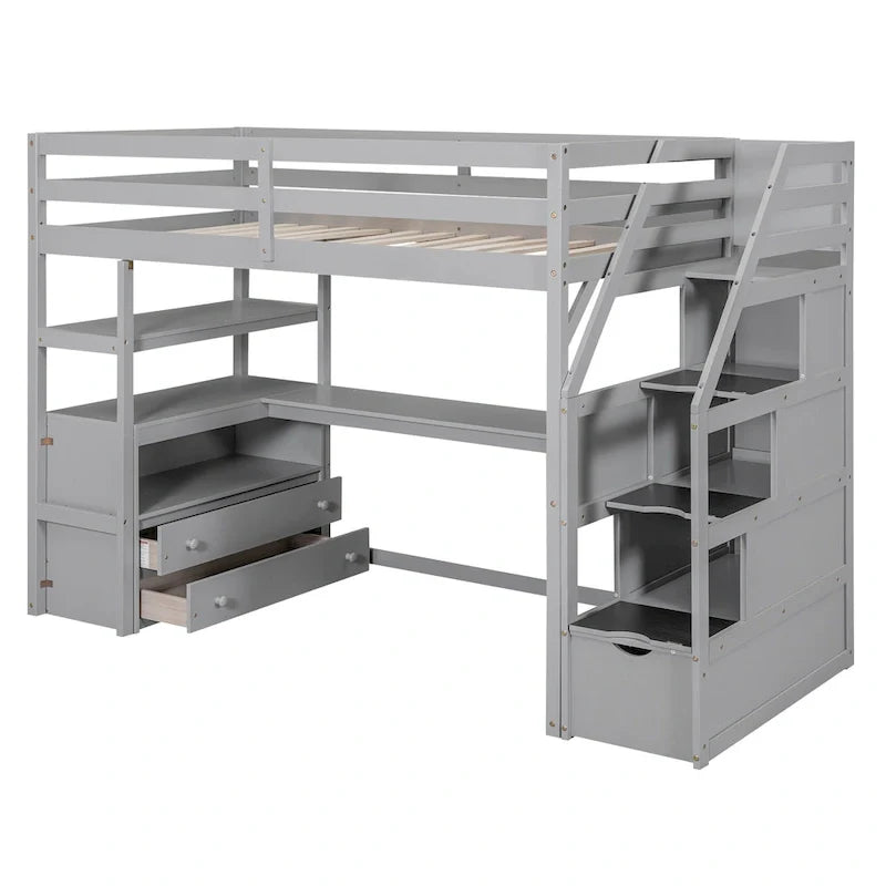 Lit mezzanine une place avec bureau et étagères, deux tiroirs intégrés et escalier de rangement