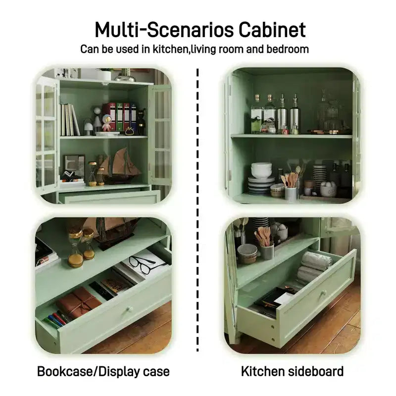 Meuble de rangement, meuble bas en bois avec 1 tiroir et 2 portes vitrées, buffet de ferme avec rangement pour le salon