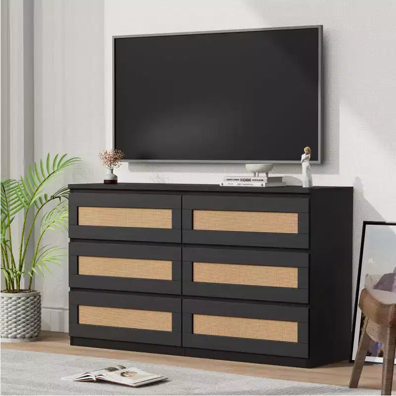 Cassettiera in rattan per camera da letto con 6 cassetti, cassettiera larga moderna in stile rustico da 47 pollici, mobile contenitore in legno per organizzare armadio, soggiorno e corridoio