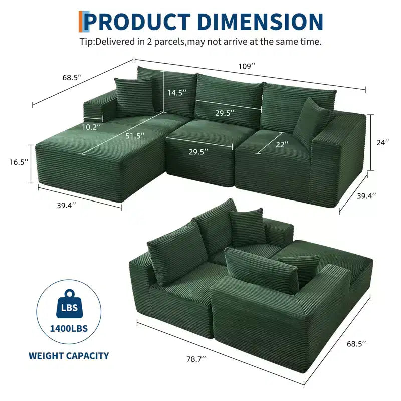 108 modernes Sofa, 3-Sitzer-Sofa in L-Form mit Polsterbezug und Kissen, Sofa mit tiefer Sitzfläche, keine Montage erforderlich