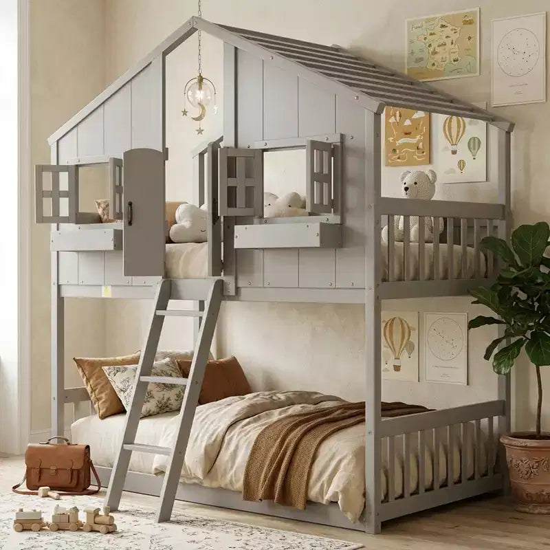 Letto a soppalco matrimoniale singolo a forma di casetta, letto rialzato in legno tipo casetta con scaletta e sponde di sicurezza per bambini