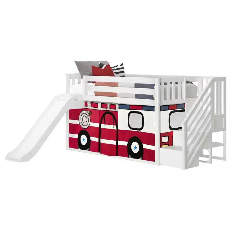 Lit superposé bas simple avec escalier, toboggan facile à utiliser et rideau de camion de pompiers