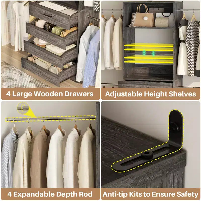 Système d’organisation de dressing en bois Besiost de 4 à 9 pieds avec 4 tiroirs, 4 tringles et des colonnes d’étagères