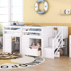 Letto soppalcato singolo Okak in legno massello con scale e spazio contenitore, letto a castello singolo basso con cassetti e ripiani, letto soppalcato multifunzionale per bambini e ragazzi