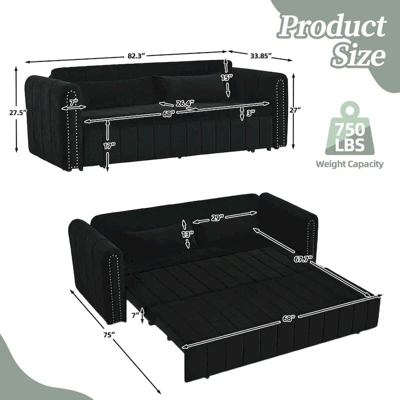 Velvet Upholstered Modern Convertible Sleeper Lounge Sofa Bed with Rolled Arms Decorated with Copper Nails