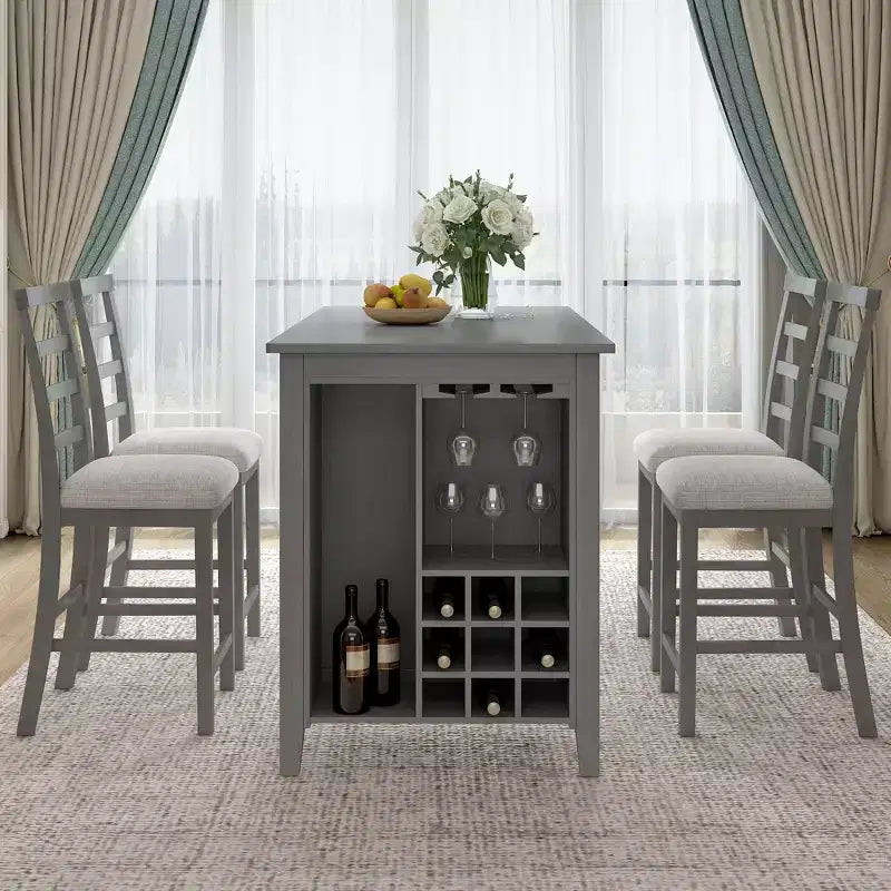 Set da pranzo in stile rustico composto da 5 pezzi, altezza bancone, con sedie per 4 persone, tavolo rettangolare in legno con ripiani contenitori e scomparto portabottiglie