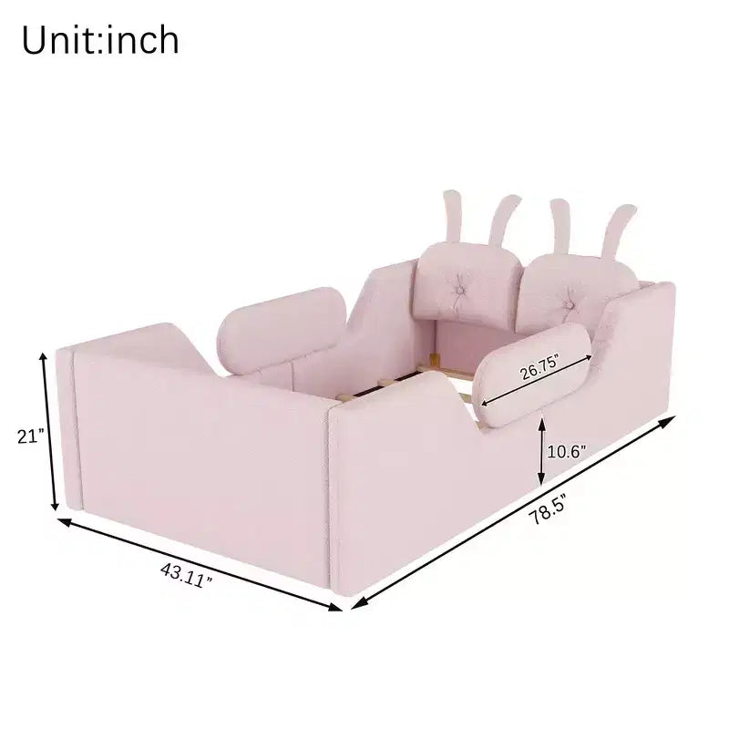 Letto a piattaforma singolo Whisen, struttura imbottita per letto a terra per bambini con cuscino a forma di coniglio e sponde laterali rimovibili