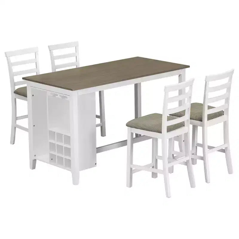 Set da pranzo in stile rustico composto da 5 pezzi, altezza bancone, con sedie per 4 persone, tavolo rettangolare in legno con ripiani contenitori e scomparto portabottiglie
