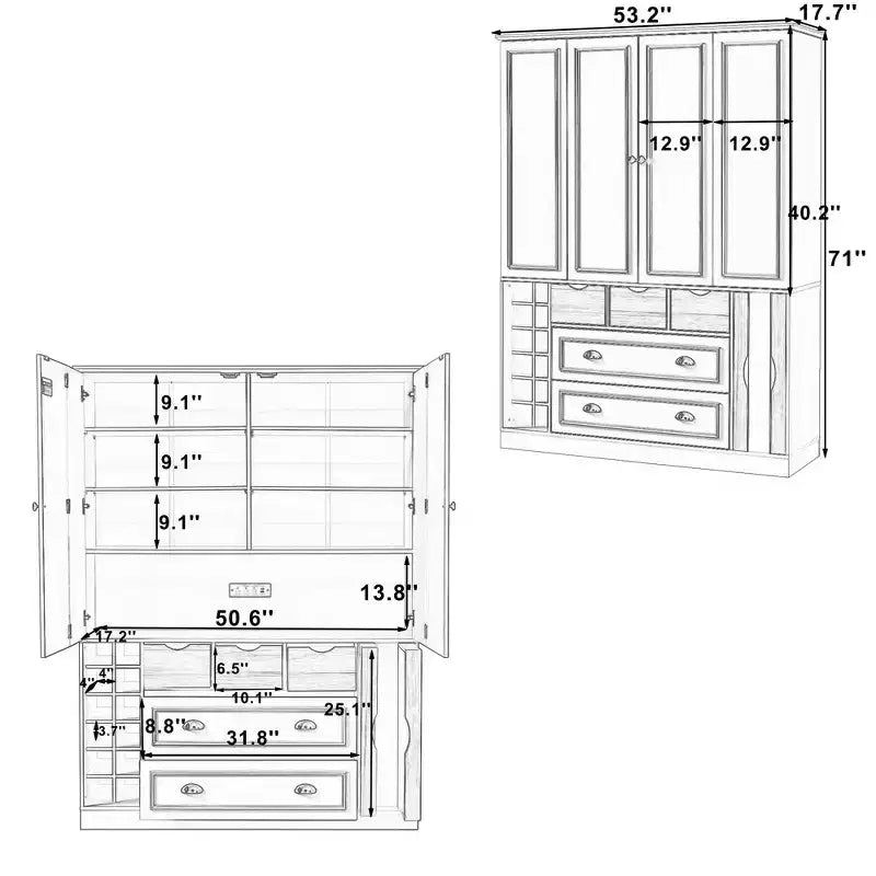 Armoire garde-manger indépendante Whisen de 71 po de hauteur, grand meuble de rangement pour salle à manger avec 4 portes pliantes, étagères et porte-bouteilles