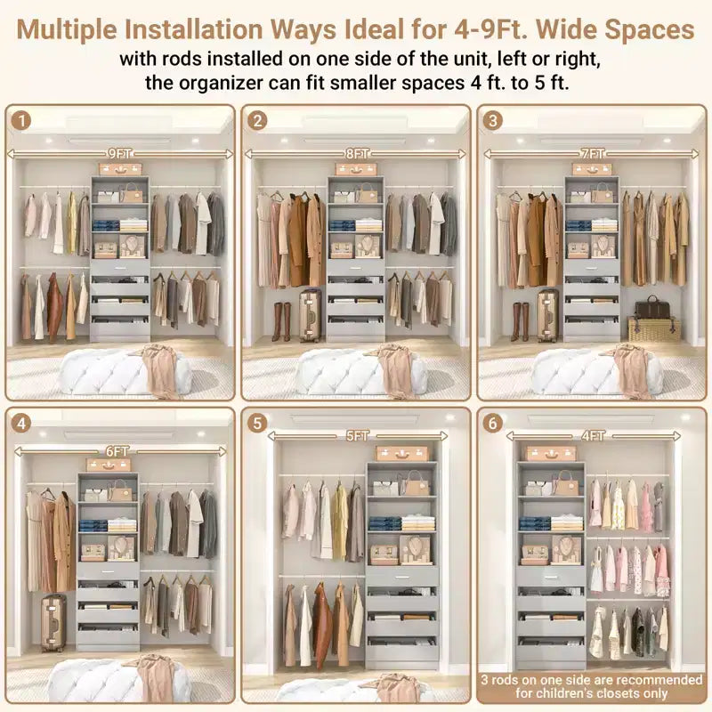 Système d’organisation de dressing en bois Besiost de 4 à 9 pieds avec 4 tiroirs, 4 tringles et des colonnes d’étagères