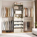 Système d’organisation de dressing en bois Besiost de 4 à 9 pieds avec 4 tiroirs, 4 tringles et des colonnes d’étagères