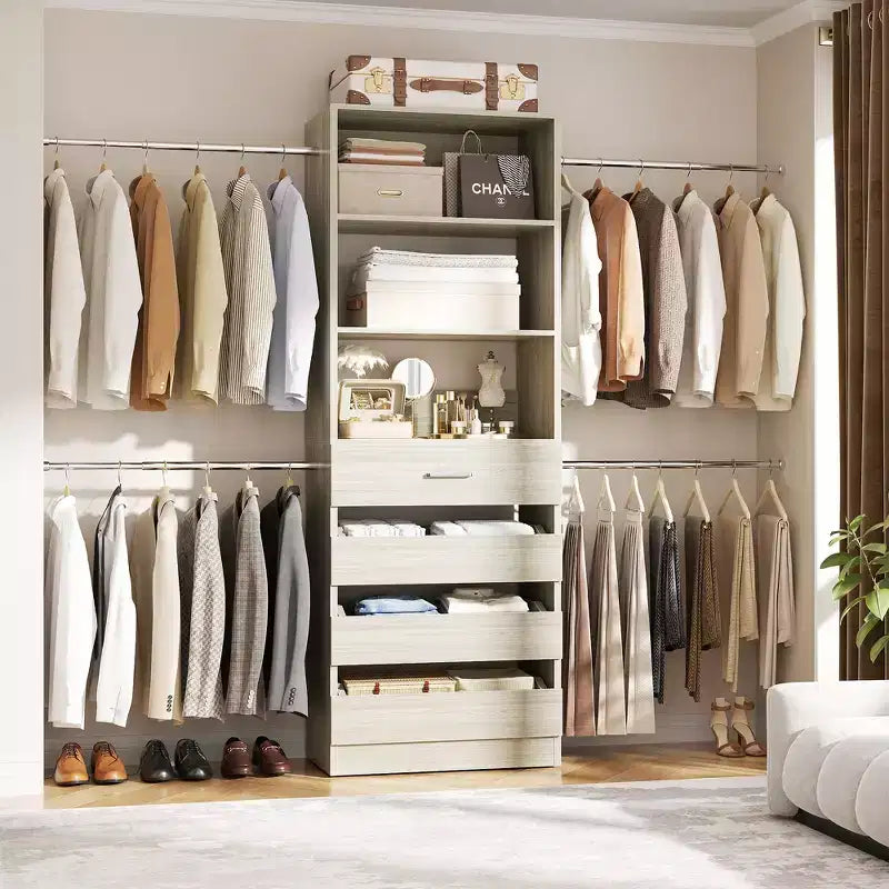 Système d’organisation de dressing en bois Besiost de 4 à 9 pieds avec 4 tiroirs, 4 tringles et des colonnes d’étagères