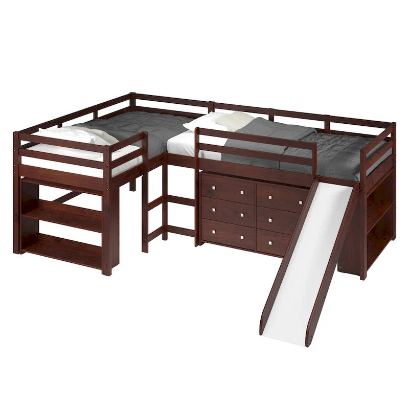 Double Twin L-Shaped Slide Loft Bedroom Set in Dark Cappuccino