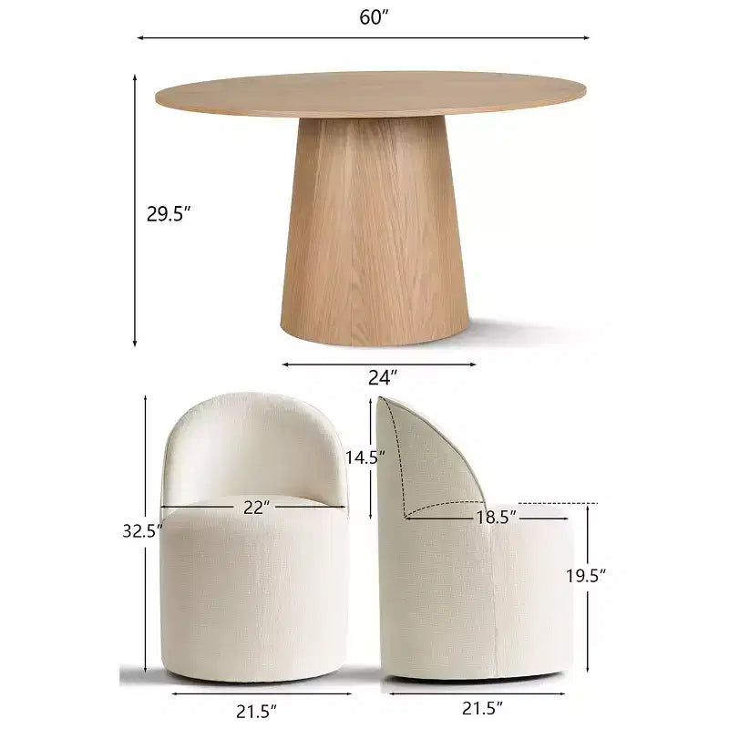Ensemble de table à manger moderne pour 6 personnes, table ronde à piètement central, fauteuils tonneau pivotants à roulettes, chenille texturée - Panipeachy