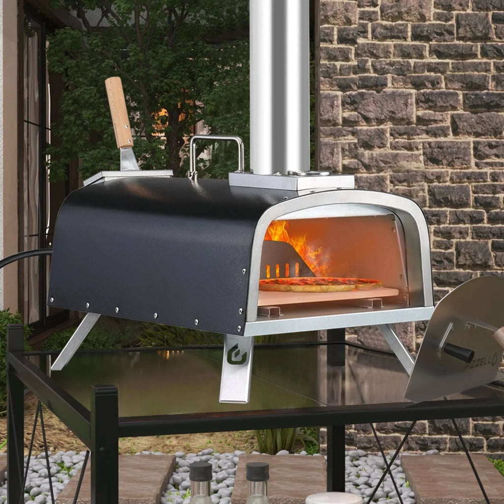 Four à pizza extérieur multicombustible, appareil à pizza cuite sur pierre avec brûleur à gaz et compartiment à bois – 12 pouces