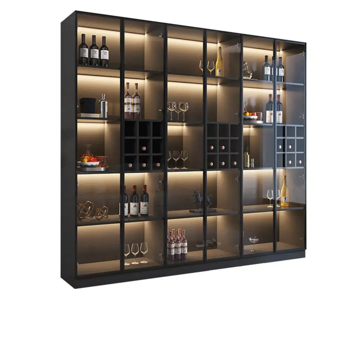 Credenza portabottiglie minimalista in legno nero con anta in vetro