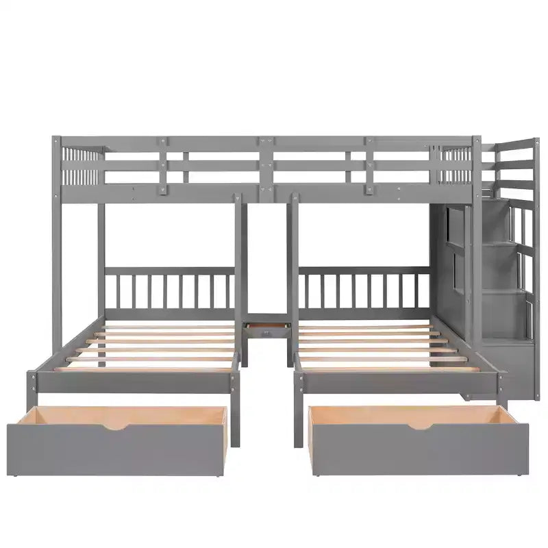 Lit superposé Whisen avec lit double au-dessus de deux lits une place, lit superposé triple en bois avec tiroirs et barrières de sécurité