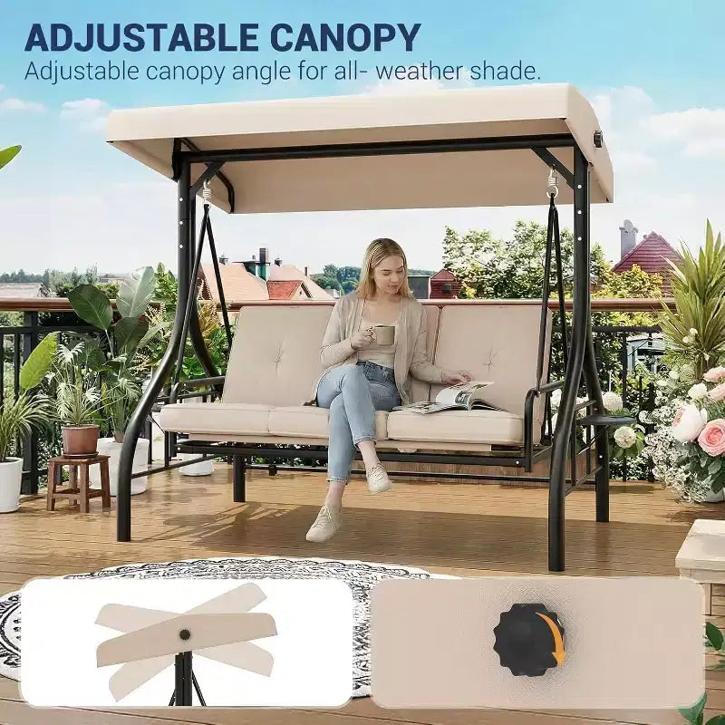 Altalena da esterno convertibile 2-in-1 a 3 posti con tettuccio regolabile, letto-altalena da patio con supporto, cuscini spessi e portabicchieri, per cortile, giardino e veranda
