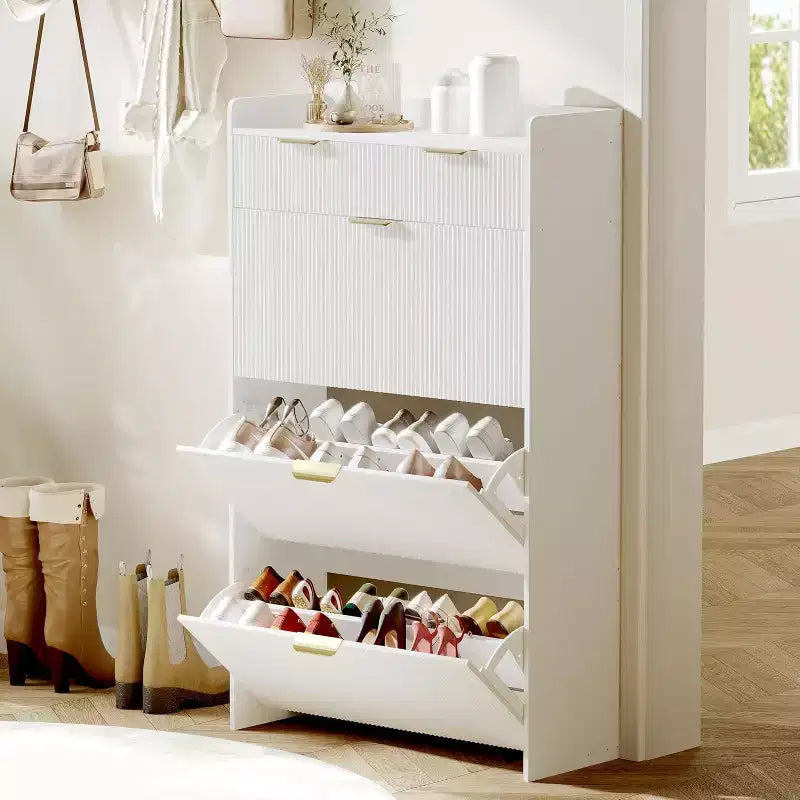 Scarpiera moderna bianca con 3 cassetti ribaltabili, 2 cassetti piccoli e ganci, organizer sottile scanalato per scarpe, mobile stretto per ingresso