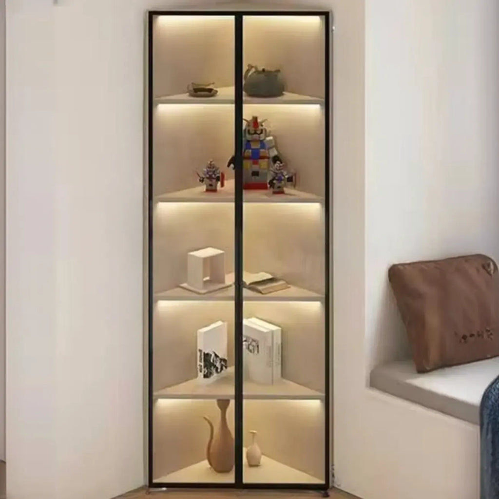 Mobile angolare moderno da esposizione in metallo e legno grigio con anta in vetro