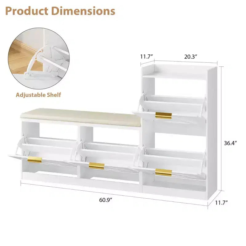 Meuble à chaussures de style maison de campagne avec banc, 4 tiroirs basculants, organisateur de rangement pour chaussures d’entrée avec assise rembourrée confortable, banc à chaussures autoportant
