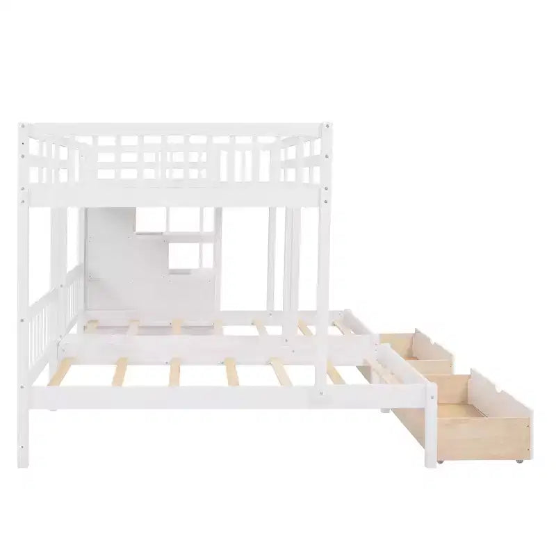 Lit superposé Whisen avec lit double au-dessus de deux lits une place, lit superposé triple en bois avec tiroirs et barrières de sécurité