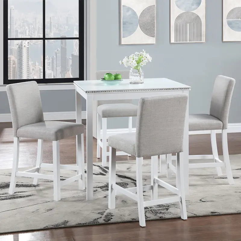 Set da pranzo moderno da 5 pezzi con tavolo quadrato ad altezza bancone e 4 sedie imbottite
