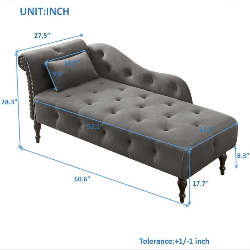Chaise longue moderna da 60,6" in velluto con bottoni trapuntati, gambe in legno massello e borchie decorative