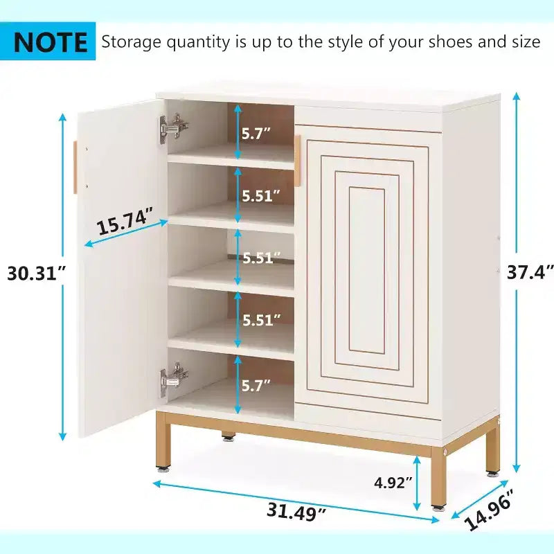 Meuble à chaussures pour 20 paires, meuble de rangement moderne à 6 niveaux avec portes, organiseur d’entrée autoportant, blanc et doré