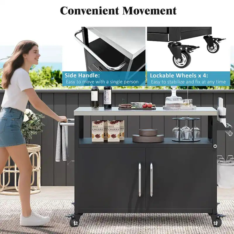 Îlot de cuisine extérieur avec plateau en acier inoxydable, chariot de gril en métal avec meuble de rangement - N/A