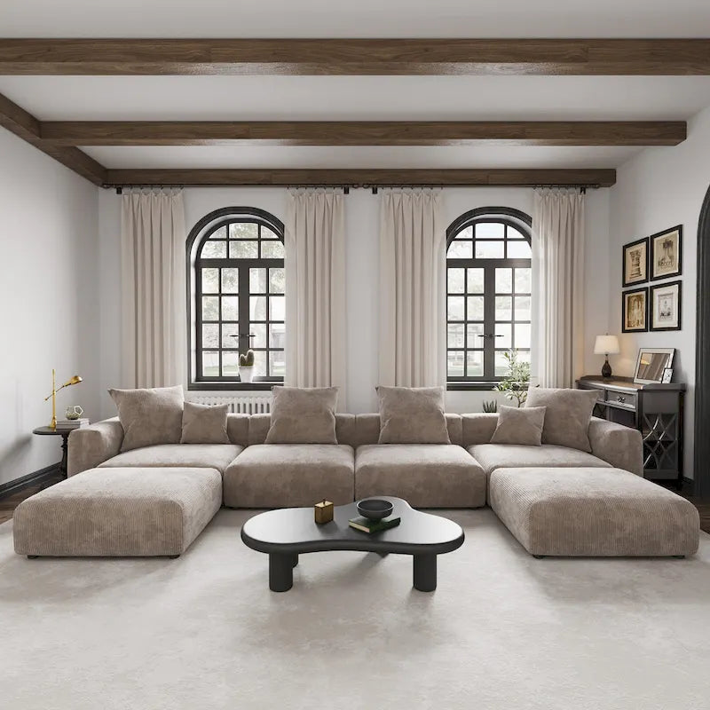 Grand canapé d’angle modulable en velours côtelé, en U, 4 places, avec 2 poufs et 5 coussins