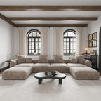 Grand canapé d’angle modulable en velours côtelé, en U, 4 places, avec 2 poufs et 5 coussins