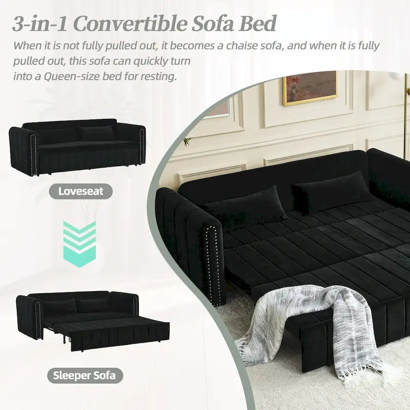 Velvet Upholstered Modern Convertible Sleeper Lounge Sofa Bed with Rolled Arms Decorated with Copper Nails