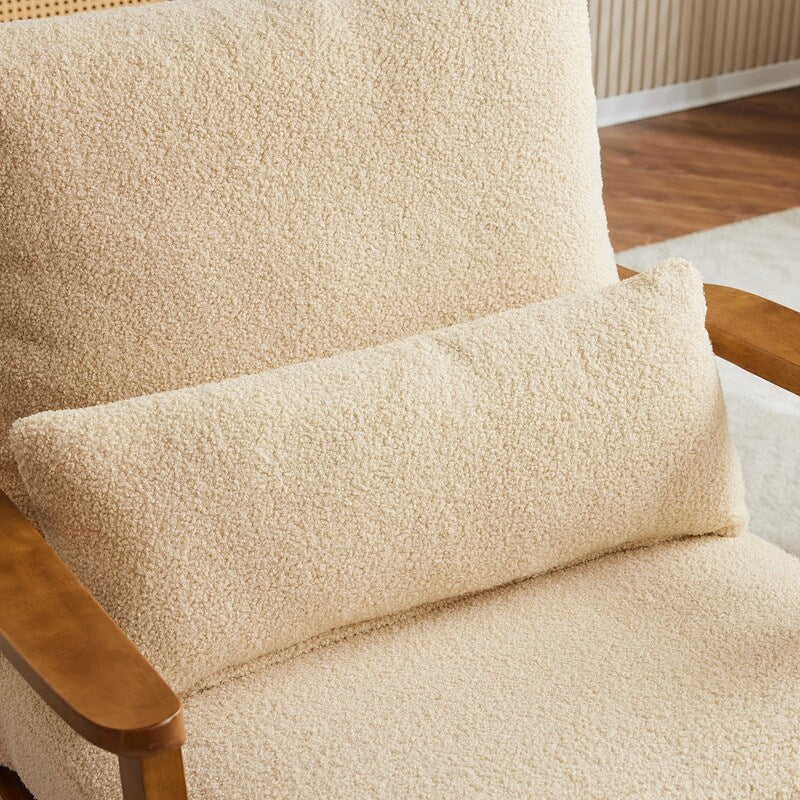 Poltrona d’accento imbottita in misto lino con gambe in legno e un cuscino, beige